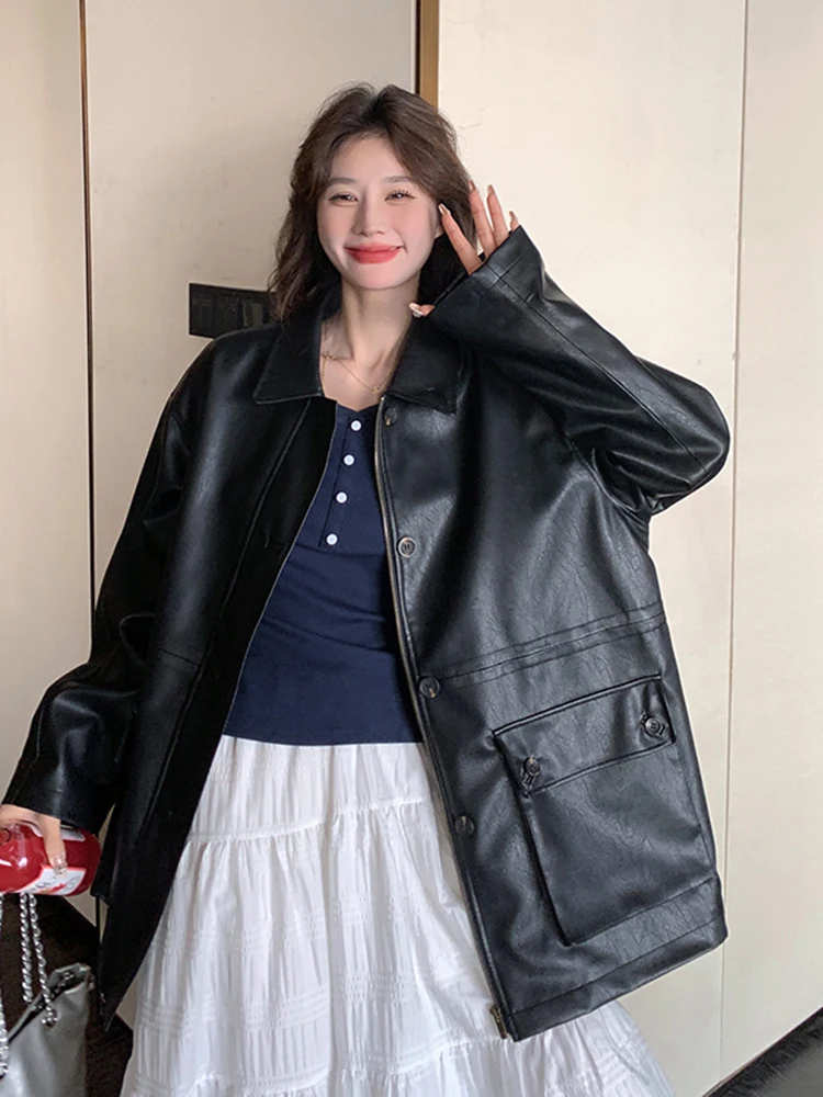 LANMREM Korean Moto Style PU Leather Jacket For Women Lapel Single Breasted Solid Color Casual Coat 2024 Autumn New 2Z2537