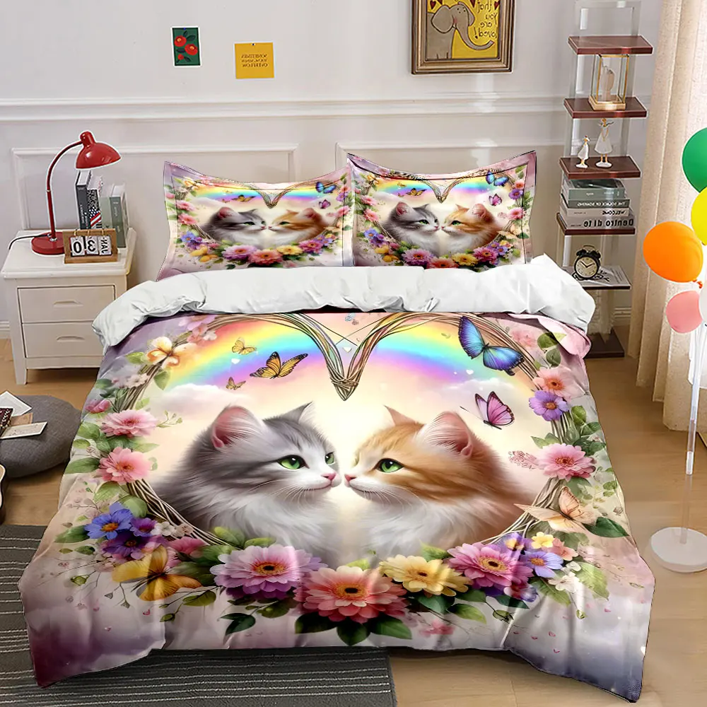 Beautiful cats under rainbow wreath Printed Duvet Cover Set1 Duvet Cover+2 PillowcaseMulti Size Bedroom Bedding Decoration