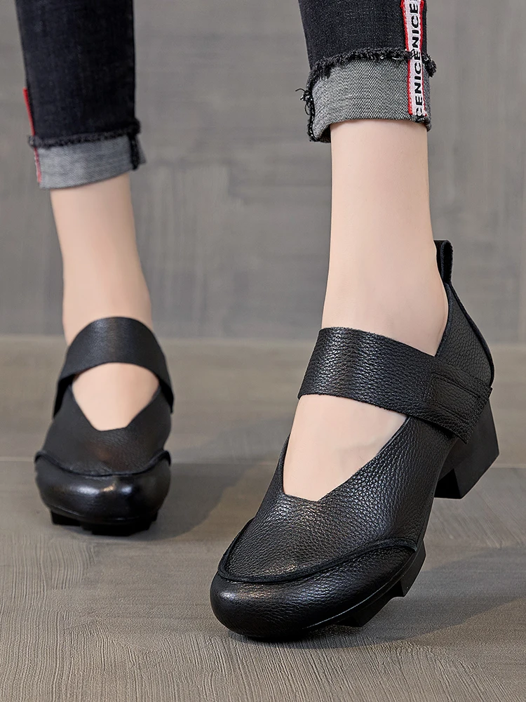 Birkuir Retro Thick Heel Women Shoes Hook Loop Mary Jane Loafers Luxury 5 cm Pumps Genuine Leather Sewn Square Heel Single Shoes