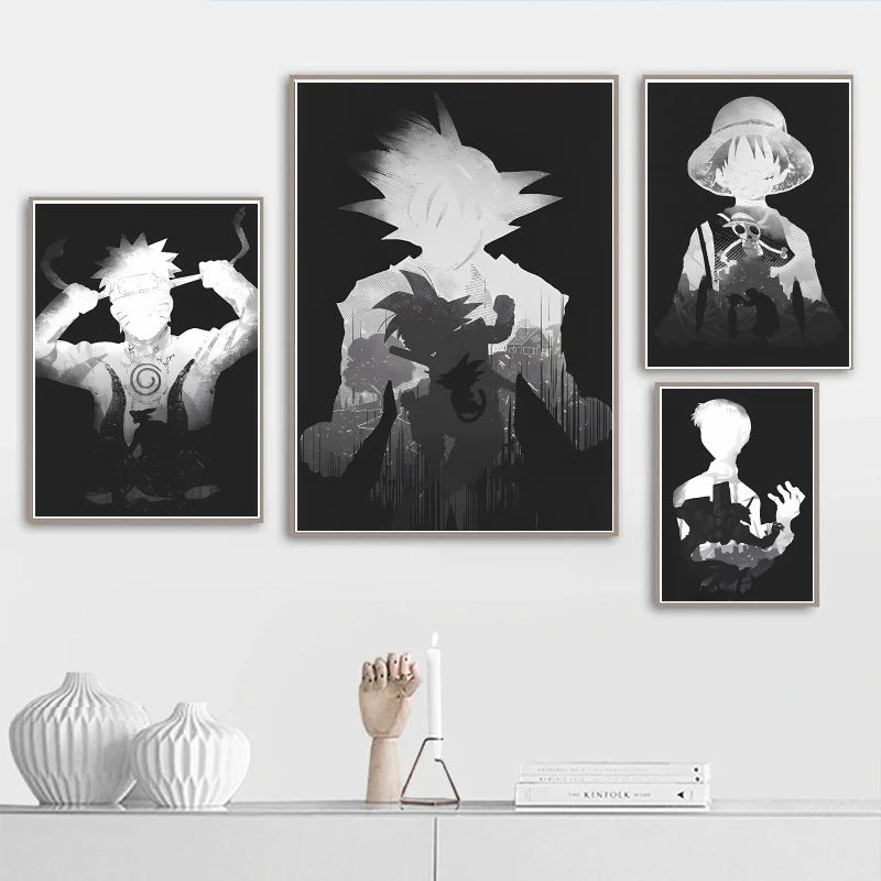 

Anime Naruto Dragon Ball and One Piece Black and White Silhouette Canvas Painting Wall Art Poster Prints for Teen Room Home Deco