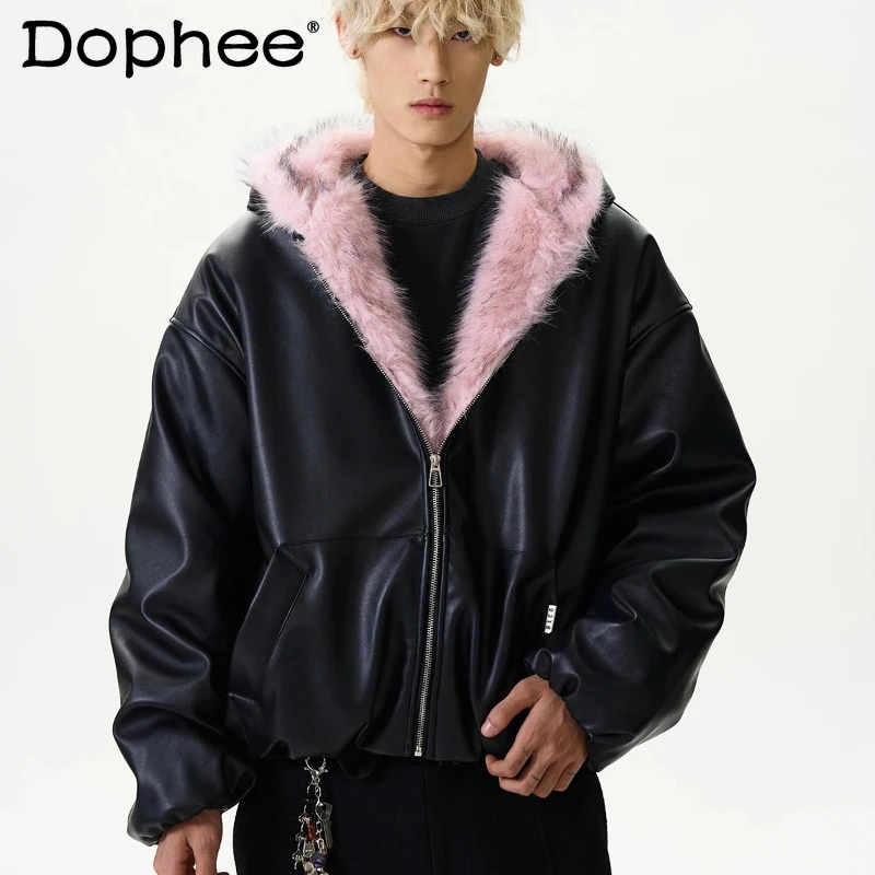 

2025 Men's Winter New Fashion Long Sleeve PU Leather Jackets Trend High Street Faux Fur Collar Fleece Lined Hooded Jacket Parkas