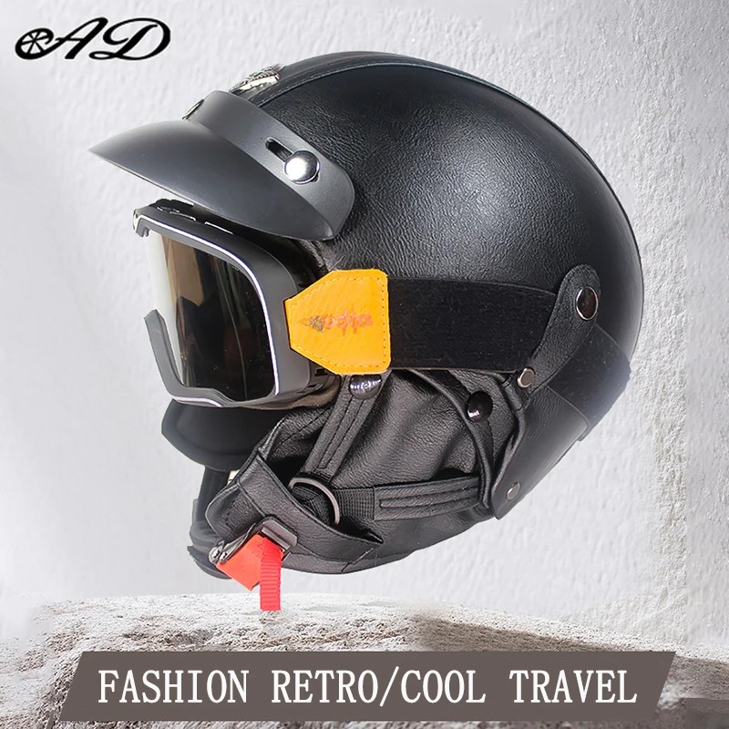 

AD Vintage Motorcycle Helemts For Men Retro Leather Motorbike Half Helmet Removable All Seasons Safety Cap 55-60cm