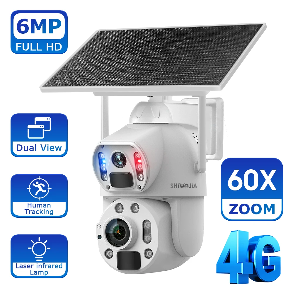 

SHIWOJIA 6MP 60X Солнечная камера с двумя объективами, записью гуманоидов, отслеживание уличной безопасности, IP-камера, металлическое водонепроницаемое приложение UBox