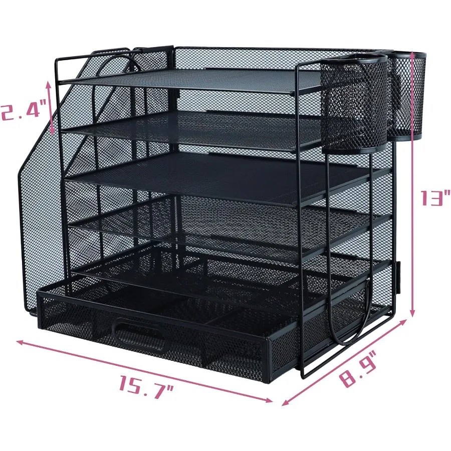 6-Tier Desktop Document Organizer with File Holder Drawer and 2 Pen Holders for Office Supplies Storage Mesh Design for Workspa