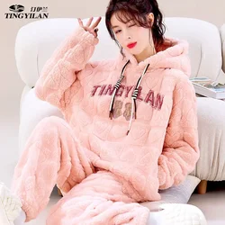 Pajama Pants Set Women's Clothing Winter Coral Flannel Hooded New Outer Wear Thickened Fashion Simple Comfortable Casual Loose