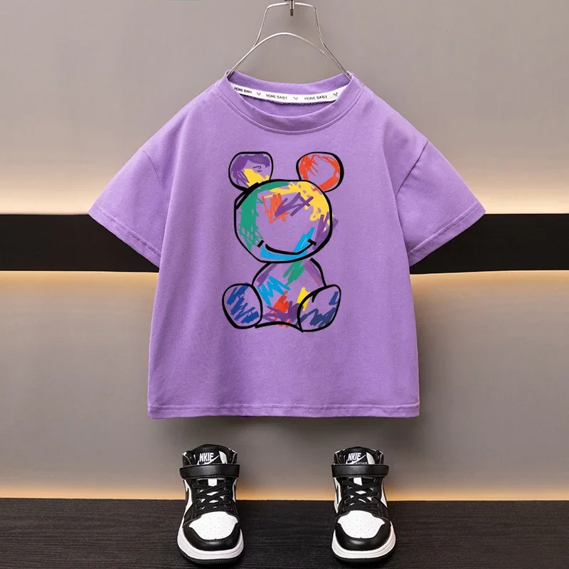 Boys Cotton T-shirt Cartoon Graffiti Bear Printed Girls Tees Summer Short Sleeve Children Tops High Quality Casual Kids Clothes