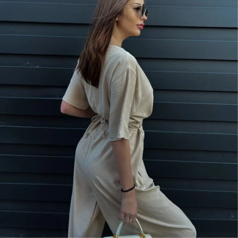 Jumpsuits One Piece V Neck Rompers Overalls Solid Wide Leg Pants Ankle Length Pockets Sexy High Waist Casual Sashes