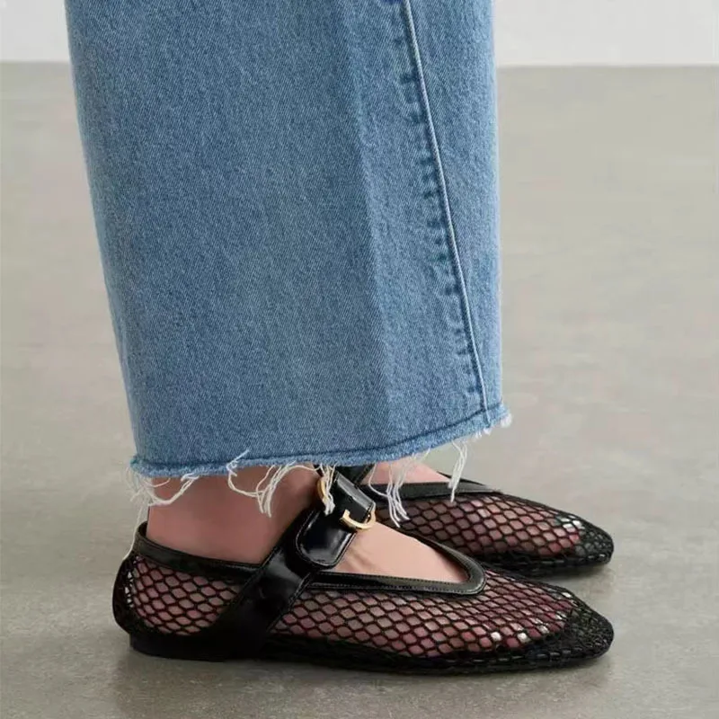 الانزلاق على الباليه الشقق الصنادل شبكة مشبك البغال شبكة صيد السمك أحذية راقصة الباليه النساء أسود أحمر أبيض جلد Sandalias Mujer Verano