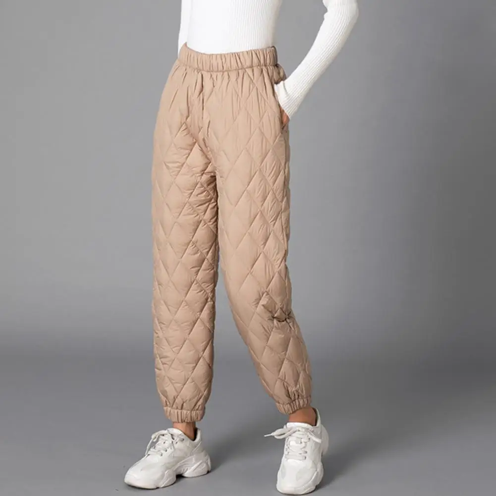 Women Winter Warm Pants Elastic High Waist Quilted Pants Diamond-shaped Texture Design Thickened Warm Sweatpants