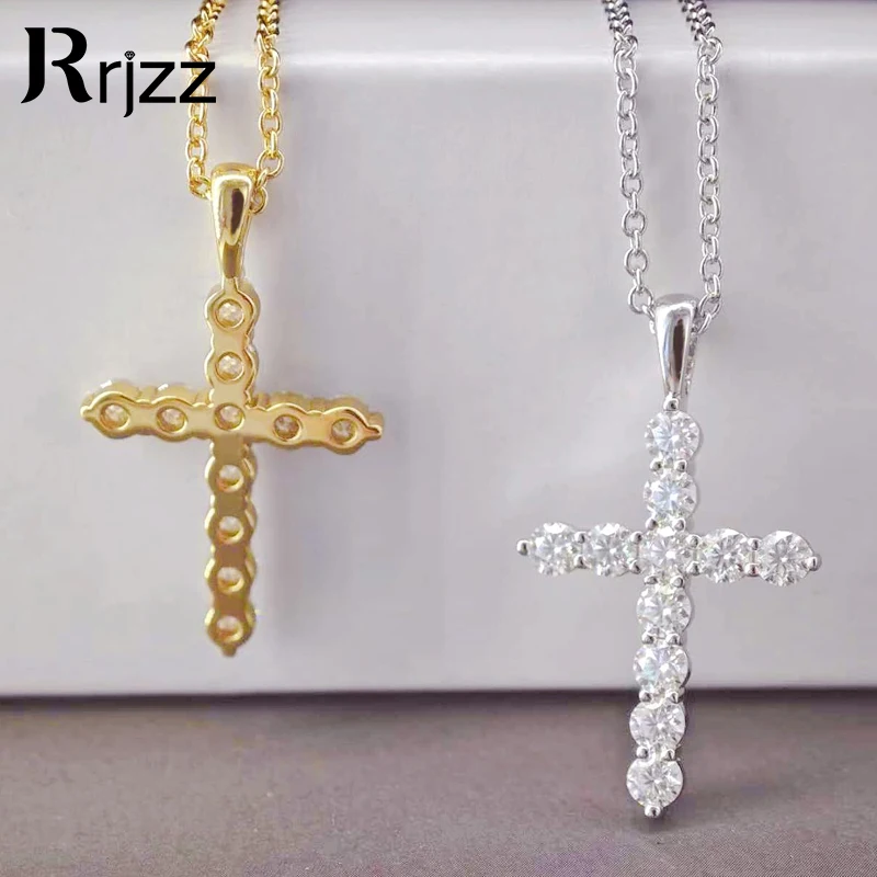 

Rrjzz Certified D-Color Full Moissanite Necklace Lab Imitation Diamond Cross Faith Pendant Necklaces for Women GRA Jewelry Gift