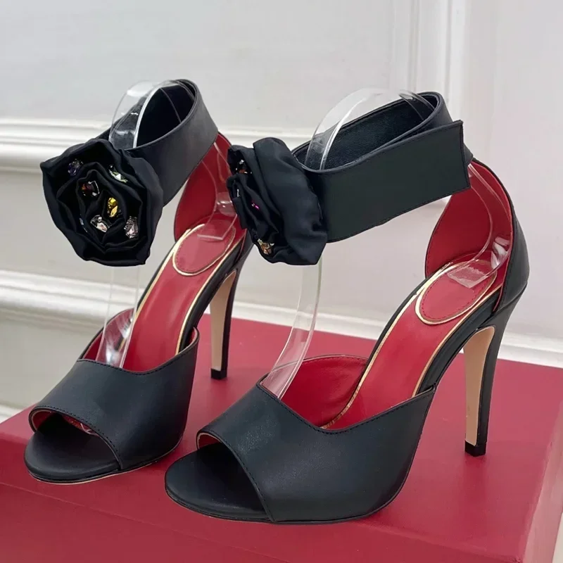 Shiny Crystal Rhinestone Rose Flowers Pumps Sexy Round Toe Stiletto Cover Heel Hook New Arrivals Fashion Women Cover Heel Shoes