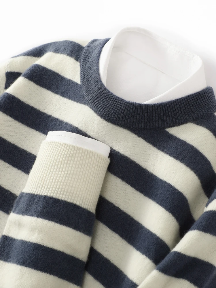 Men's O-neck Striped Wool Pullover Basic Casual Long Sleeve Cashmere Sweater  Autumn Winter 100% Merino Wool Knitwear Tops