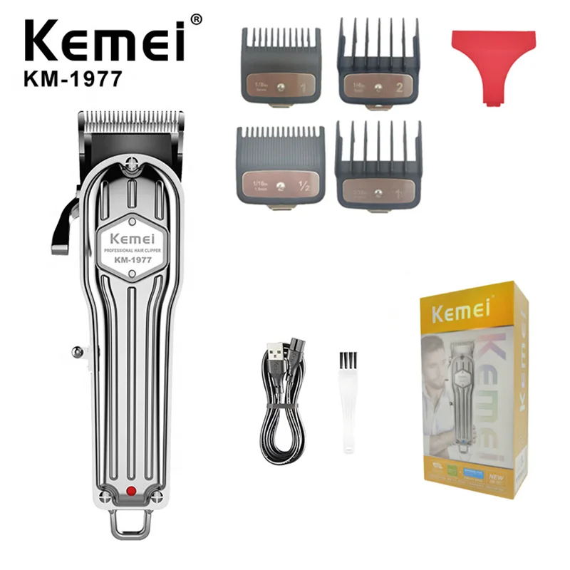 

Профессиональная машинка для стрижки волос Kemei KM-1977 для салона, металлического корпуса, зарядки через USB, триммер для укладки волос для парикмахеров.