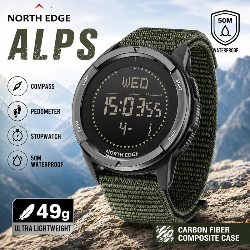 

NORTH EDGE ALPS Men's Digital Carbon fiber Watch Shock Militray Sports Super Light Outdoor Compass Waterproof 50M Wristwatches