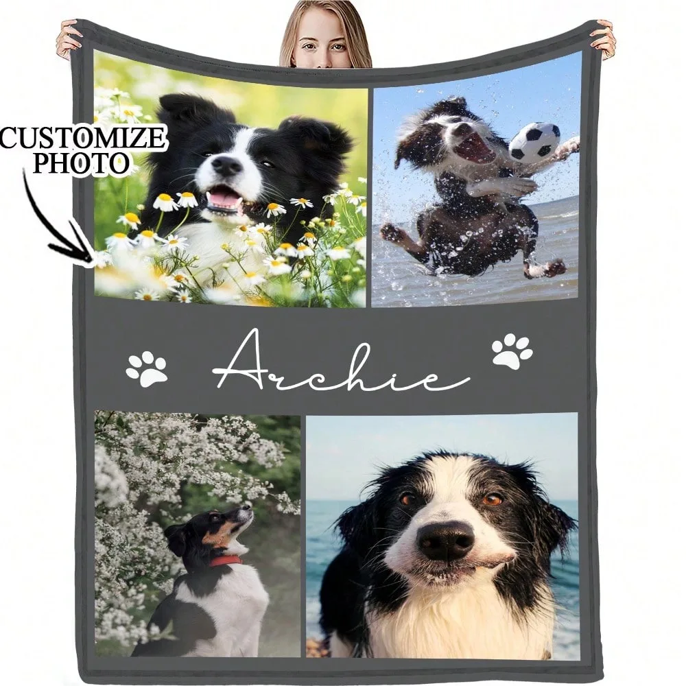 1PC Personalized Pet Flannel Blanket with Baby Dog Name And Photos - Customized Gift for Camping And Travel For Pets