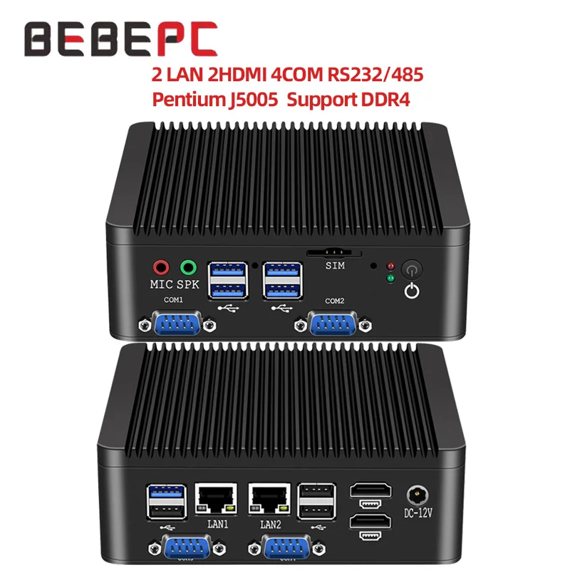 BEBEPC Mini PC Industrial com Pentium J5005 Suporte Linux WiFi 4xRS232/485 8xUSB Fanless Desktop Computer Windows10 Pro Ready