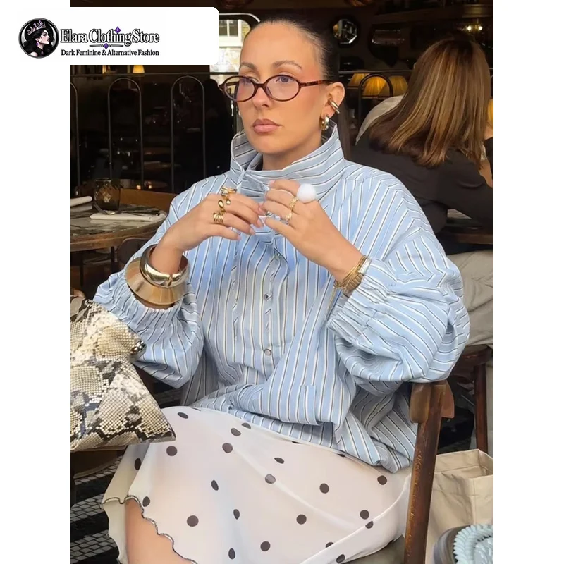 Elara 2026 Spring New Fashion Striped Print Stand Collar Shirt Women Long Sleeve Elegant Loose Button-Up Streetwear Top