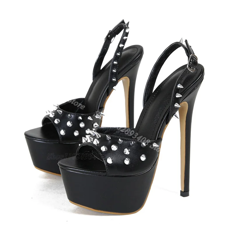 

Black Rivet Stiletto Platform Sandals Ankle Buckle Open Toe Leather Shallow Fashion Spring Party Sandals Zapatos Para Mujere