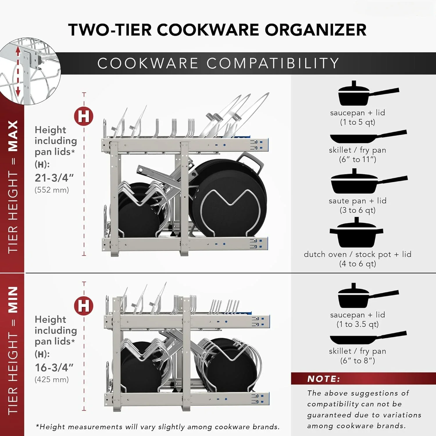 خزانة مطبخ بطبقتين قابلة للسحب مقاس 21 بوصة منظم خزانة للأواني والمقالي وأدوات المطابخ ذات الغطاء، سلك عالي التحمل قابل للتعديل #3