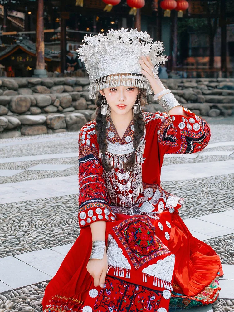  Thickening Miao Costume Women's Headwear Collar Family Dress High-End Red Wedding Clothes Tujia Ethnic Photography