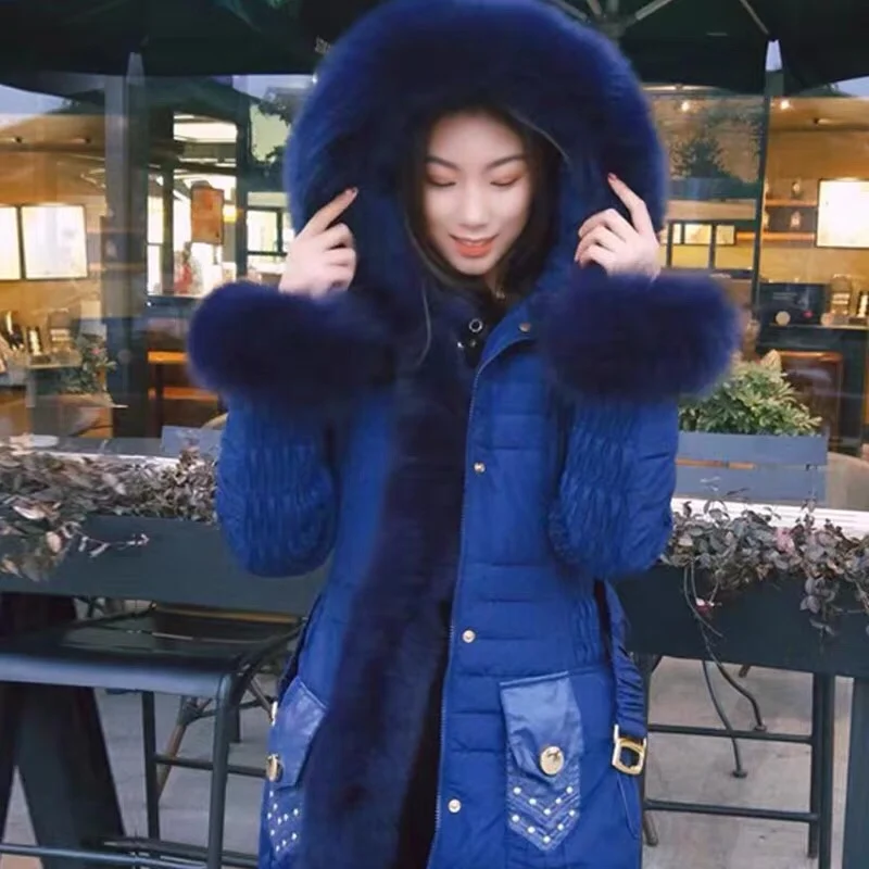 Royalcat Brand Coat donna piumino 2023 luxury blue fox fur collar vita sottile piumino spesso di media lunghezza Parka da donna