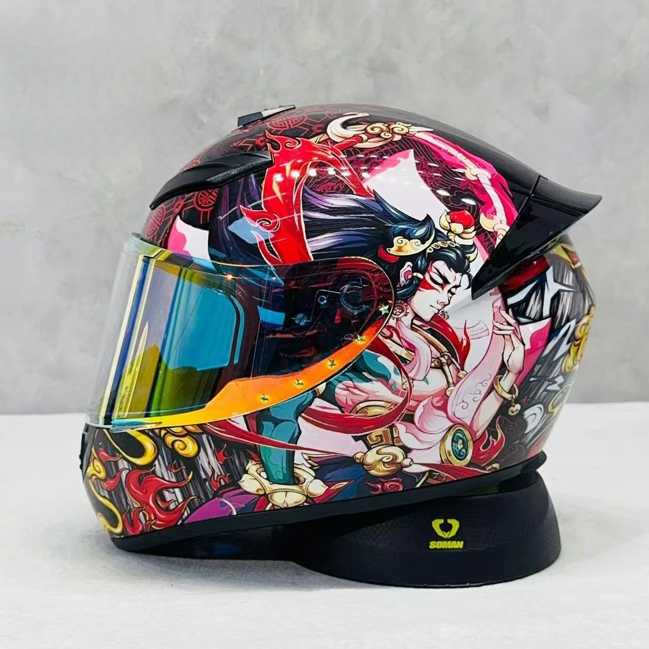 High-Definition Nezha Pattern Full Face Motorcycle Helmet Dual Safety Approved with Comfortable Inner for Novice Motorbike Rider