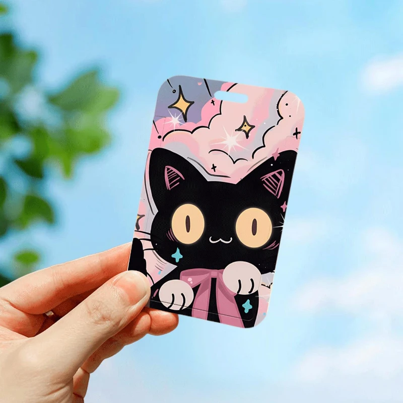 น่ารัก Black Cat Bank ธุรกิจผู้ถือบัตรนักเรียนรถบัสอาหารการ์ดป้องกันกรณี Lanyard อะคริลิค Photocard ผู้ถือ