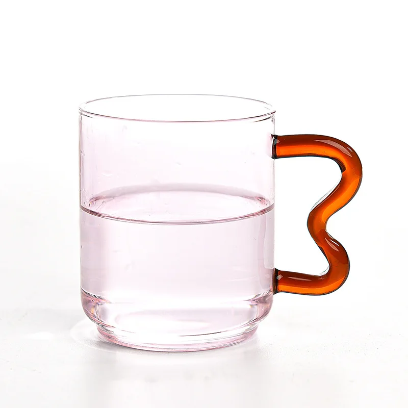 

1 Piece 450ml 15oz Creative Solid Color Glass Cup Heat Resistant Coffee Mug Cup with Cute Wave Handle Lovely Two Tone Glass Mug