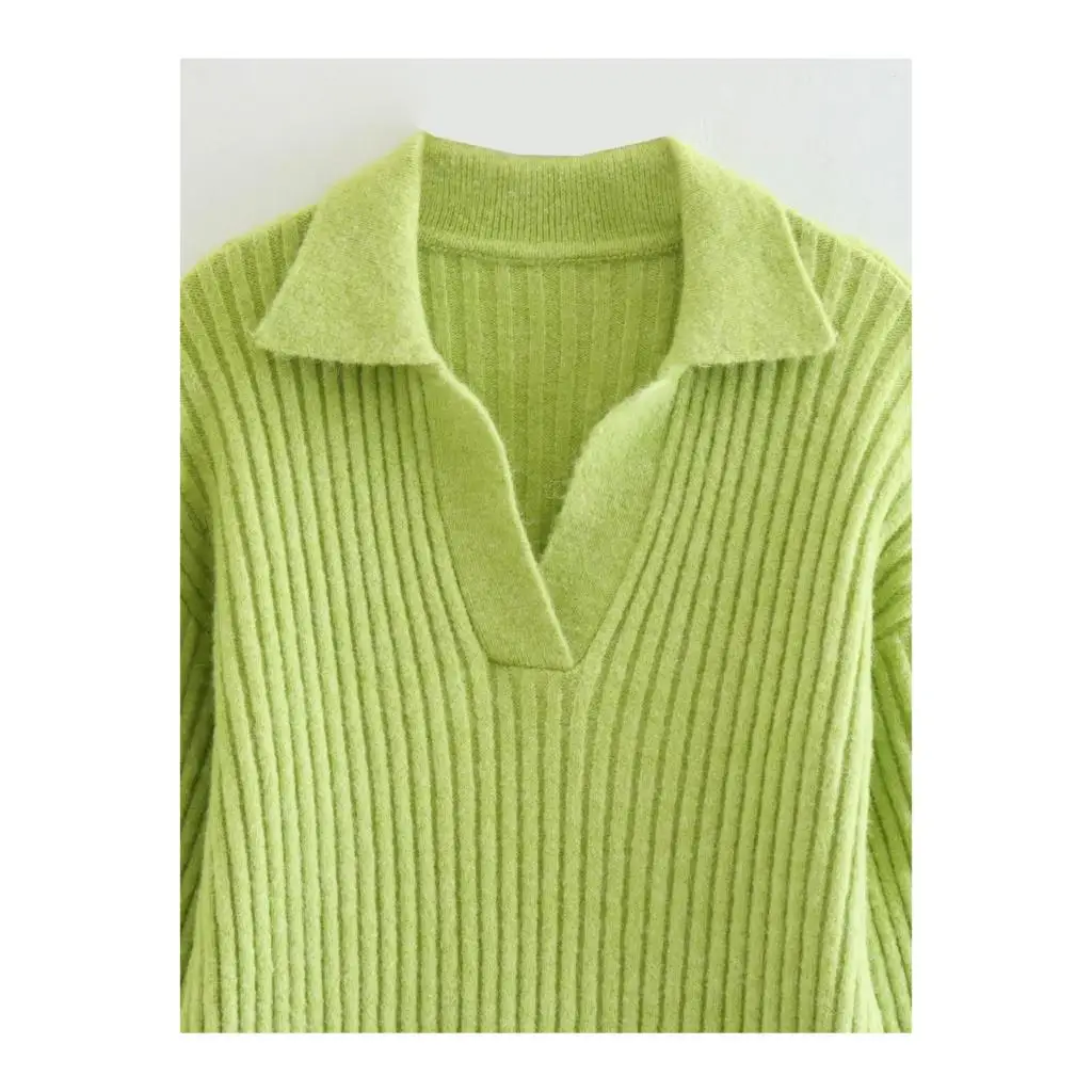 Suéter verde para mujer, Jersey de manga larga, Top acanalado, Tops cálidos, Otoño e Invierno