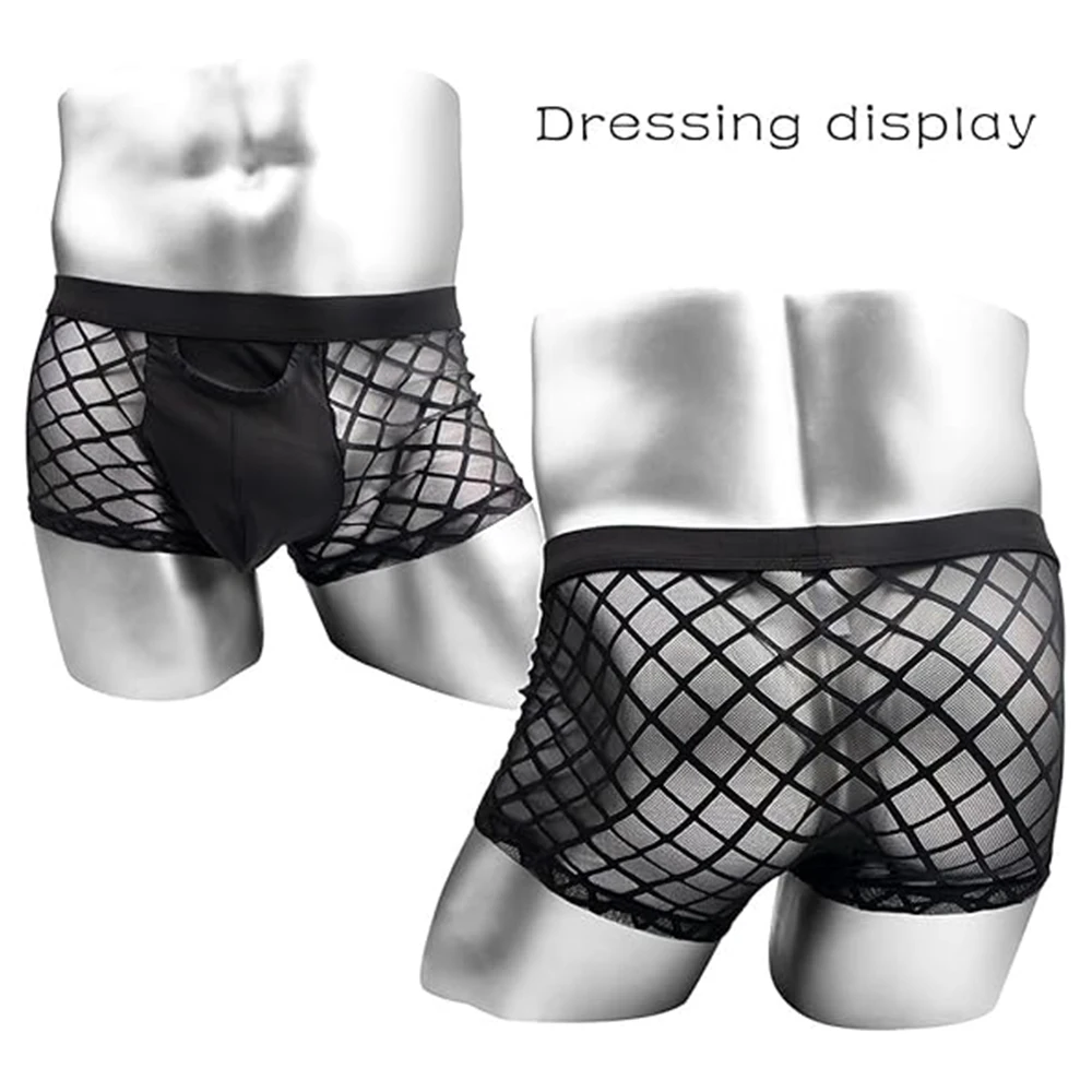 Zonbailon Men’s Underwear Sexy Mesh See Thru Boxer Briefs Breathable Lace Shorts for Men with Open Fly Pouch
