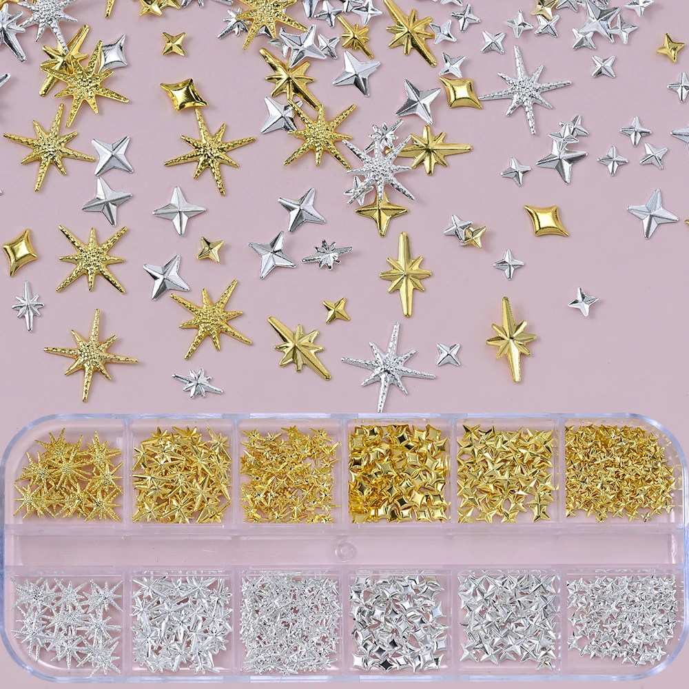 12Grid/doos Y2k Goud Zilver Starlight Nail Charms 3D Mini Cross Star Metallic Studs Nagelsieraden Legering Plaksteen Sterren Nagel Decora