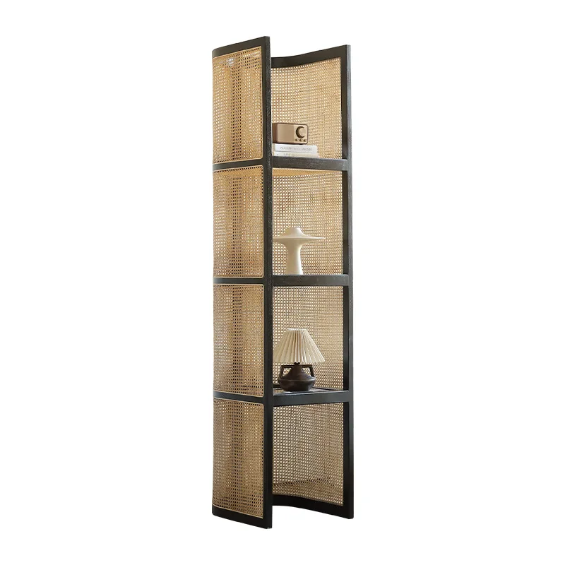 

Rattan Shelf Household Small Apartment Multi-layer Floor Bookshelf Wabi Sanfeng Homestay Corner Cabinet Solid Wood Display Stand