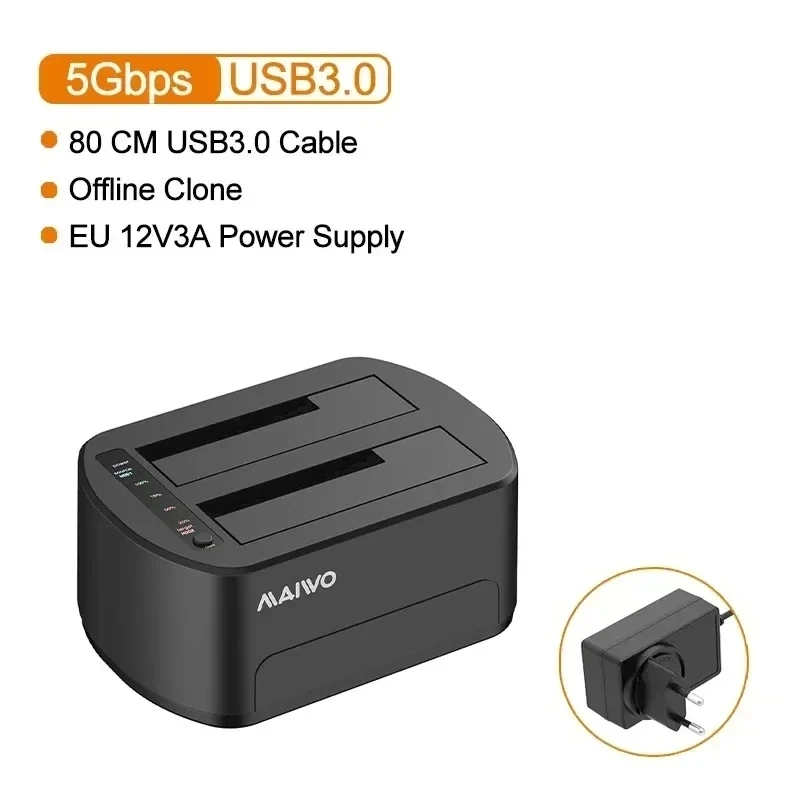 MAIWO 2.5/3.5 inch HDD dockingstation, dual-bay harde schijf behuizing voor 2.5/3.5 SSD/HDD, box met offline kloonfunctie.