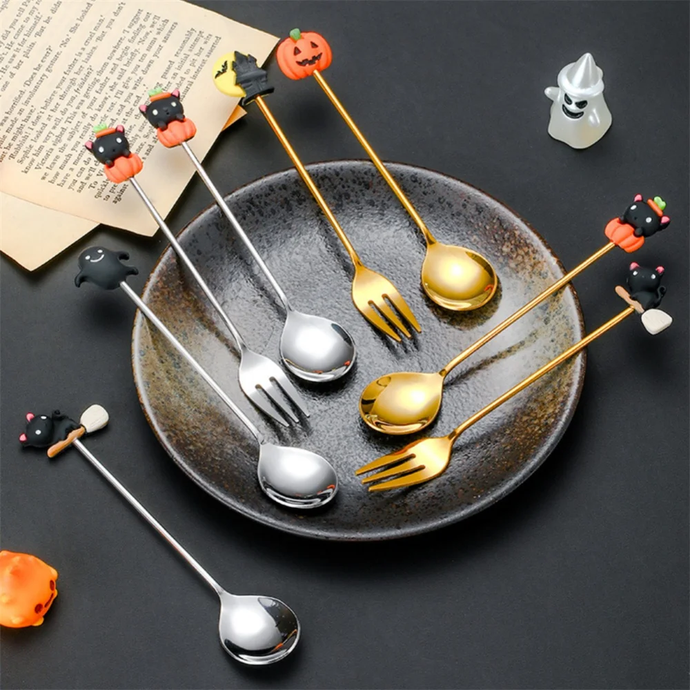 

Halloween Stainless Steel Coffee Spoon and Fork Pendant Cake Forks Scoop Pumpkin Bat Shape Spoons Dessert Tool Accessories