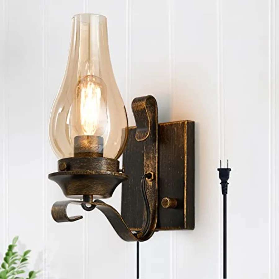

Plug in Wall Sconce, Oil Rubbed Bronze Wall Sconces, Retro Rustic Wall Lamps, Sconces Wall Lighting with Amber Glass, Indoor Vi