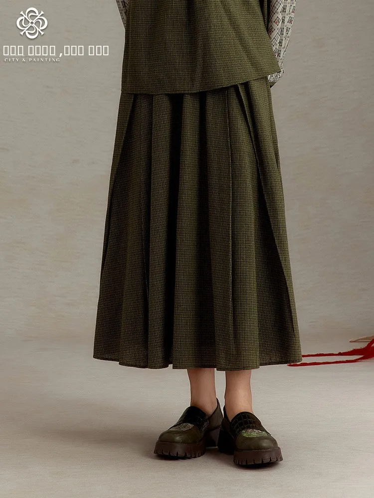 

Artistic een Plaid Midi Skirt Women's High Waist A-Line Skirt Fre Personali Cotton Polyester Blend Autumn Faion