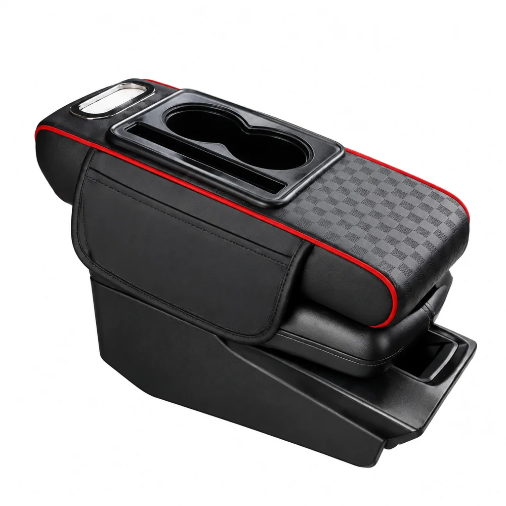 Car Center Console Armrest Cushion Height Increasing PU Leather Pad with Cup Holder Tissue Box Universal