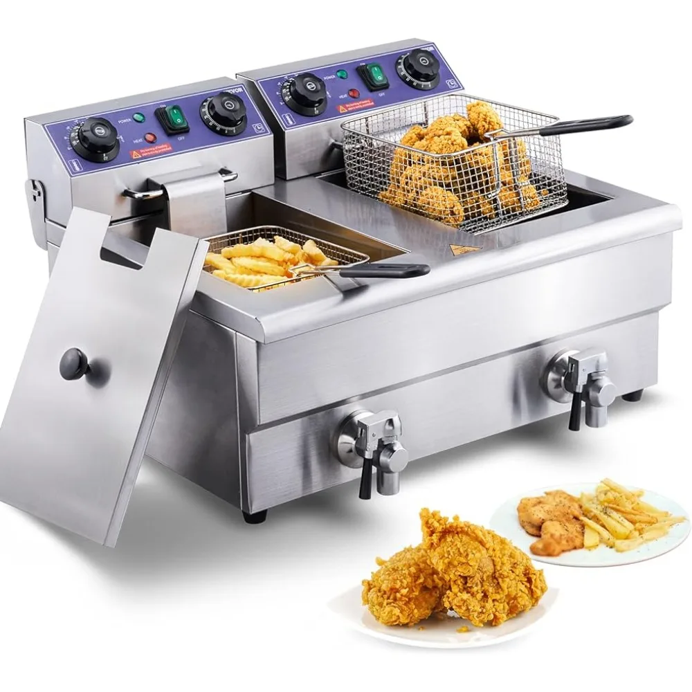 Commercial Electric Deep Fryer, 24L 3000W w/Dual Removable Basket, Stainless Steel Electric Countertop Fryer w/Time Control