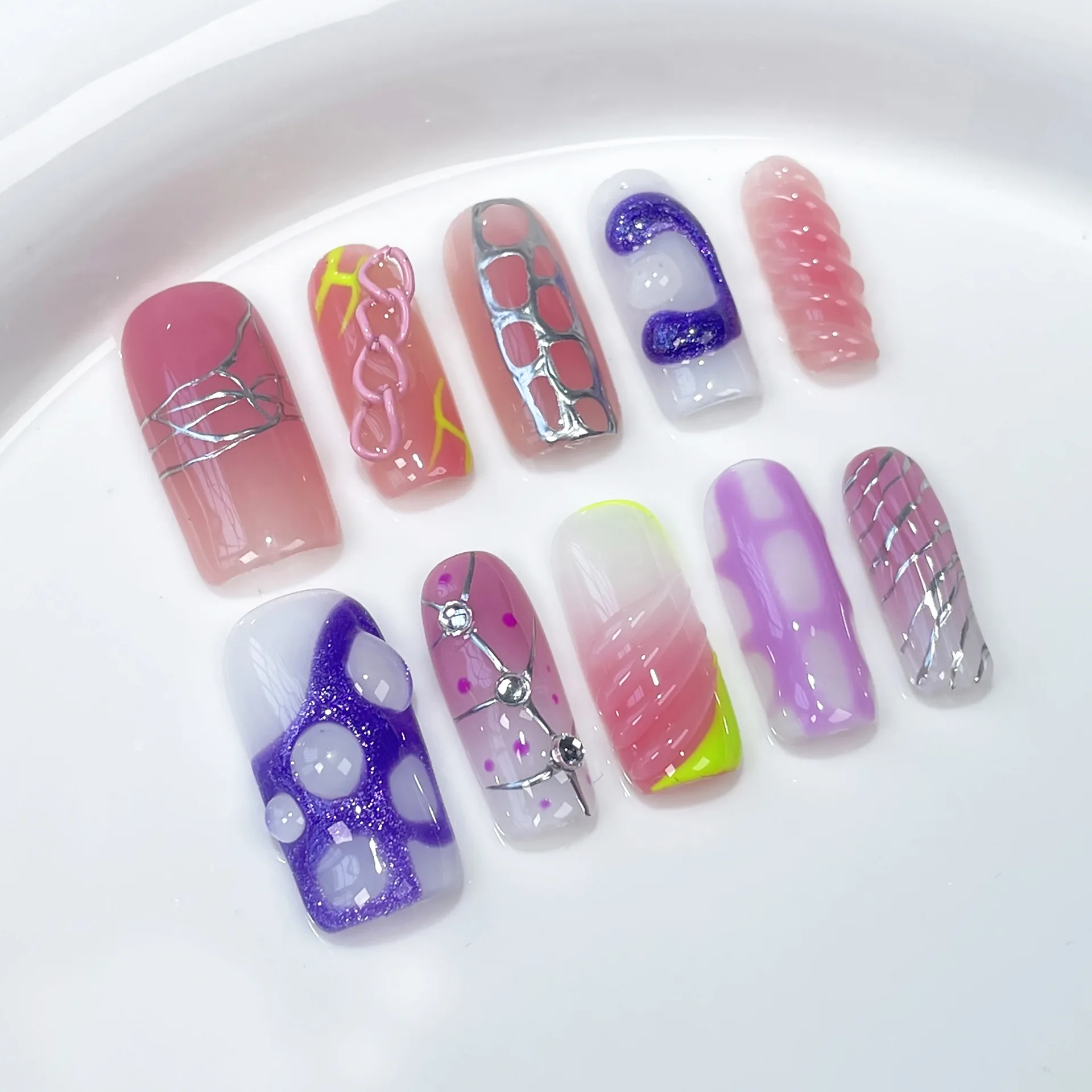 

10Pcs Long French Square Handmade Press on Nails 3D Pink Flower Fake Nails Summer Wearable Stick-on Nails False Nail Uñas 네일팁