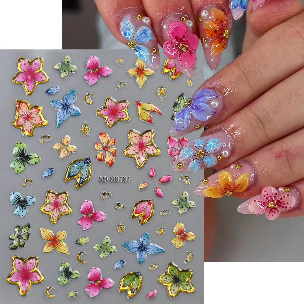 

1 шт. Красочная наклейка для ногтей с кристаллами в виде цветка гибискуса, 5D, мягкий рельеф, весенне-летний дизайн, модные цветочные наклейки для ногтей, желейные декоративные стикеры для ногтей