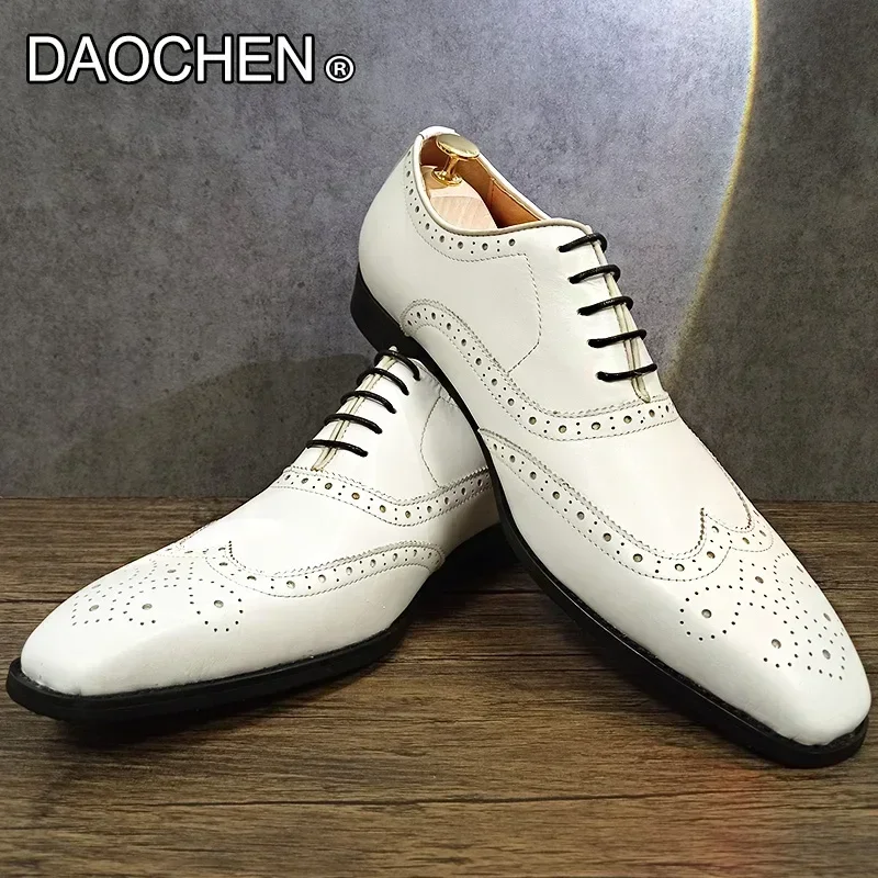 ELEGANCKIE BUTY MĘSKIE OXFORD BIAŁE Sznurowane PUNKTOWANE BUTY BROGUE FORMALNE BUTY ŚLUBNE BIUROWE CZARNE PRAWDZIWE SKÓRZANE BUTY MĘSKIE