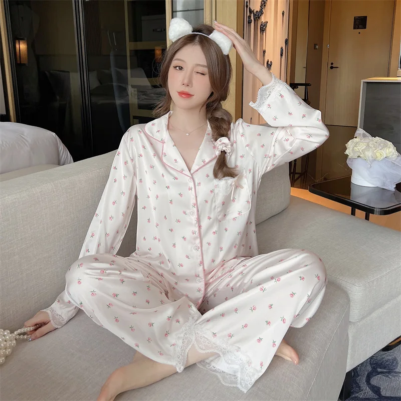 Women\'s Pajamas Sets Spring Autumn 2 Piece Print Pyjama Faux Silk Satin Sleepwear Long Sleeve Button Pijama Mujer Pjs Homewear