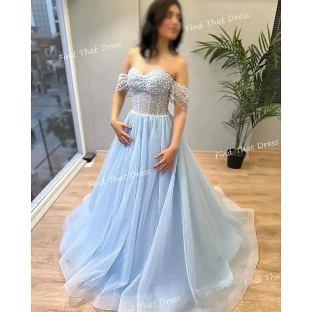

Custom Made Glitter Off Shoulder Beaded Sequins A-line Tulle Pleated Evening Gown Draped Backless Prom Dress with Train