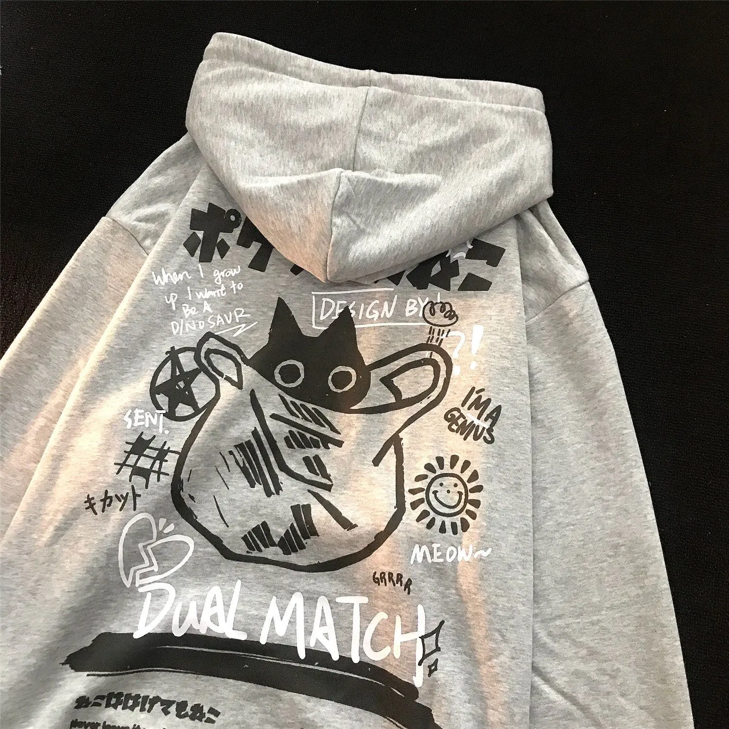 Sudadera con capucha con estampado de divertida caricatura de gato para mujer, ropa Retro holgada para parejas, estilo Kawaii Y2k, con forro de