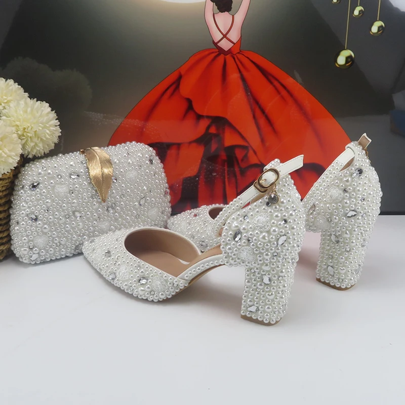 BaoYaFang White pearl Women Bridal wedding shoes and Bag Pointed Toe Female Party Shoes Fashion Ankle Strap Thick Heel Pumps