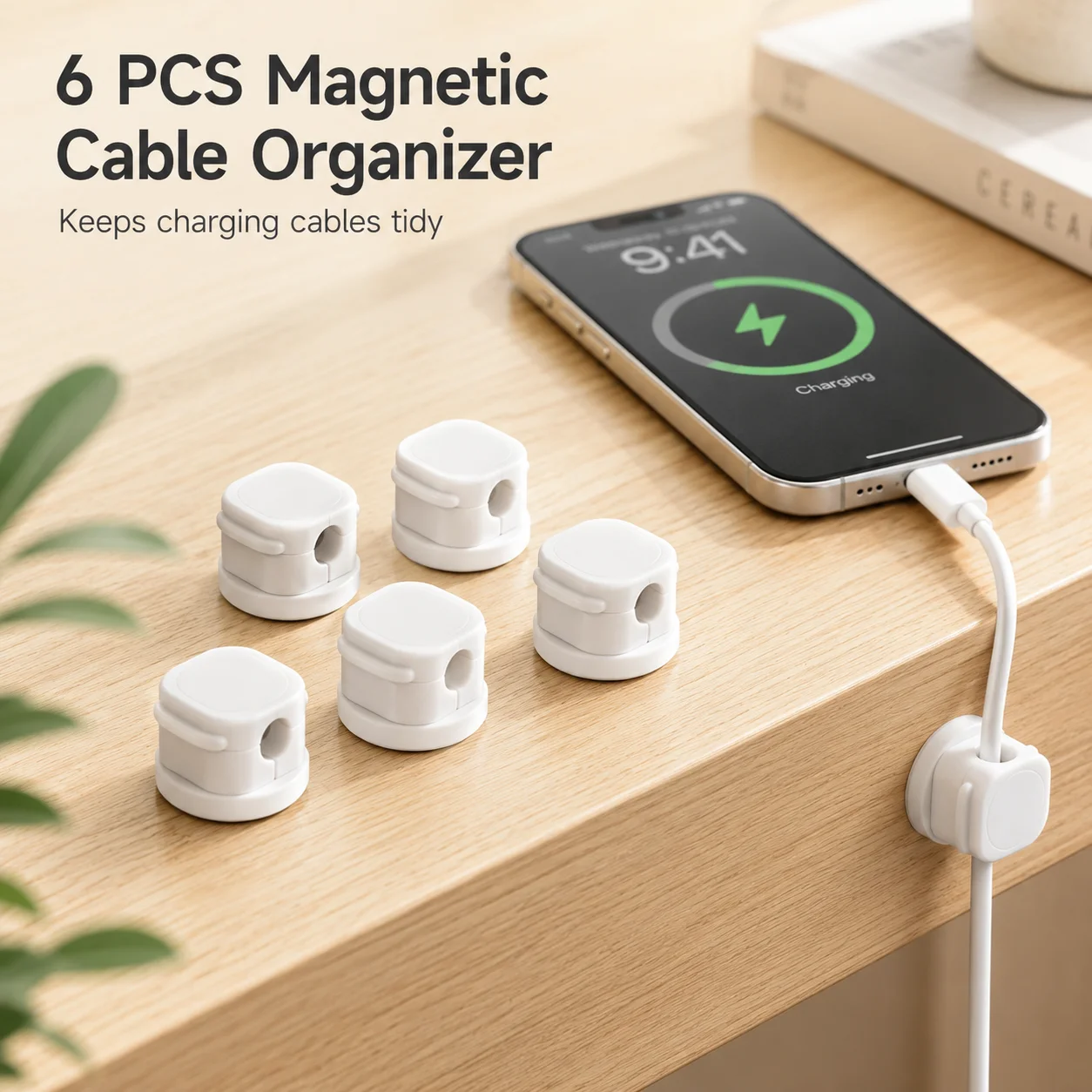 6PCS ABS Adhesive Cable Clips with Magnetic Opening Wire Keeper USB Charger Cord Holder Desk Cable Tidy Organizer Office Kitchen