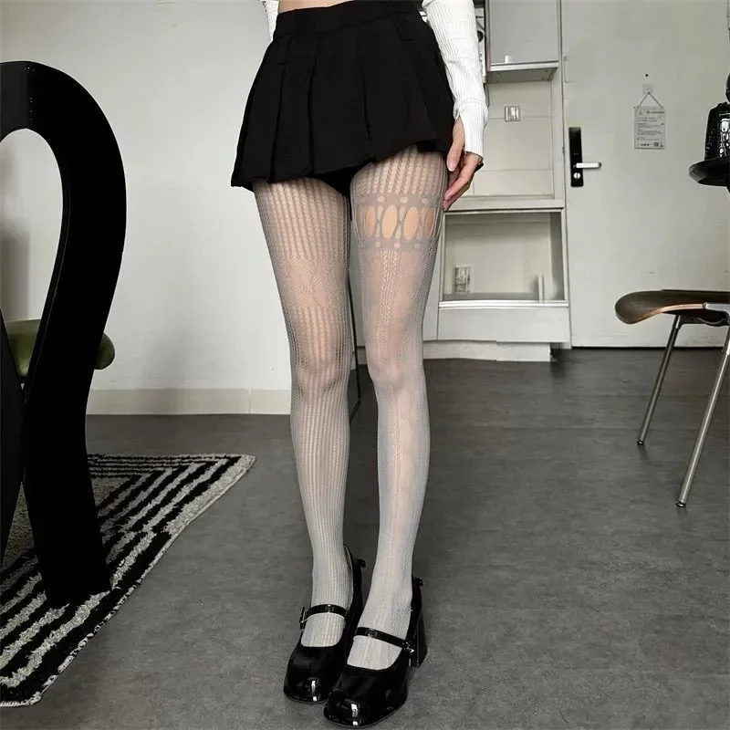 

Personality Lace Asymmetrical Pattern Ladies Pantyhose Vertical Stripe Patchwork Lolita Hottie Sexy All Match Punk Tights