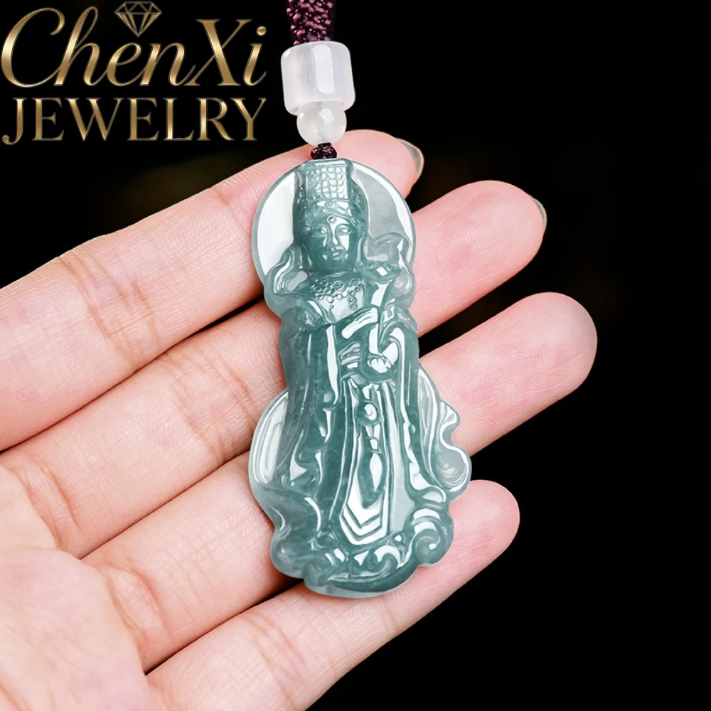 Genuine Natural A Grade Ice Blue Water Jadeite Mazu Pendant Chinese Stly Classic Hand Carved Jade Necklace High-end Jewelry Gift