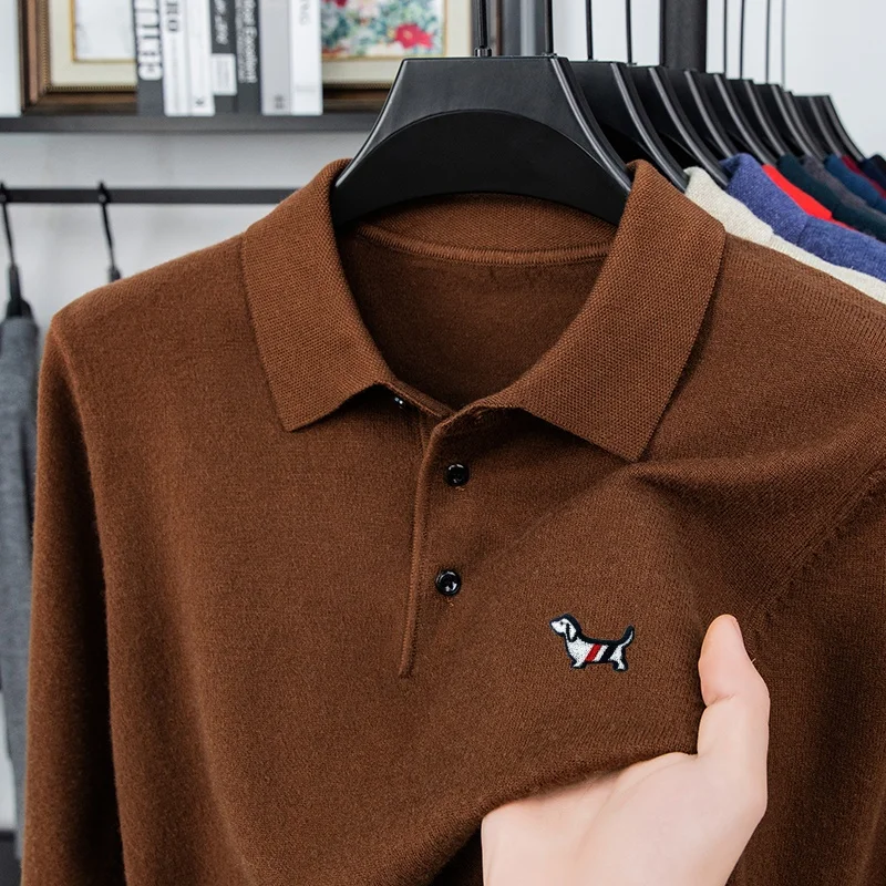 Designer Quality Men's Lapel Pullover Knitwear Autumn Winter New Solid Color Dog Print Sweater Fashion Business Trend Menswear