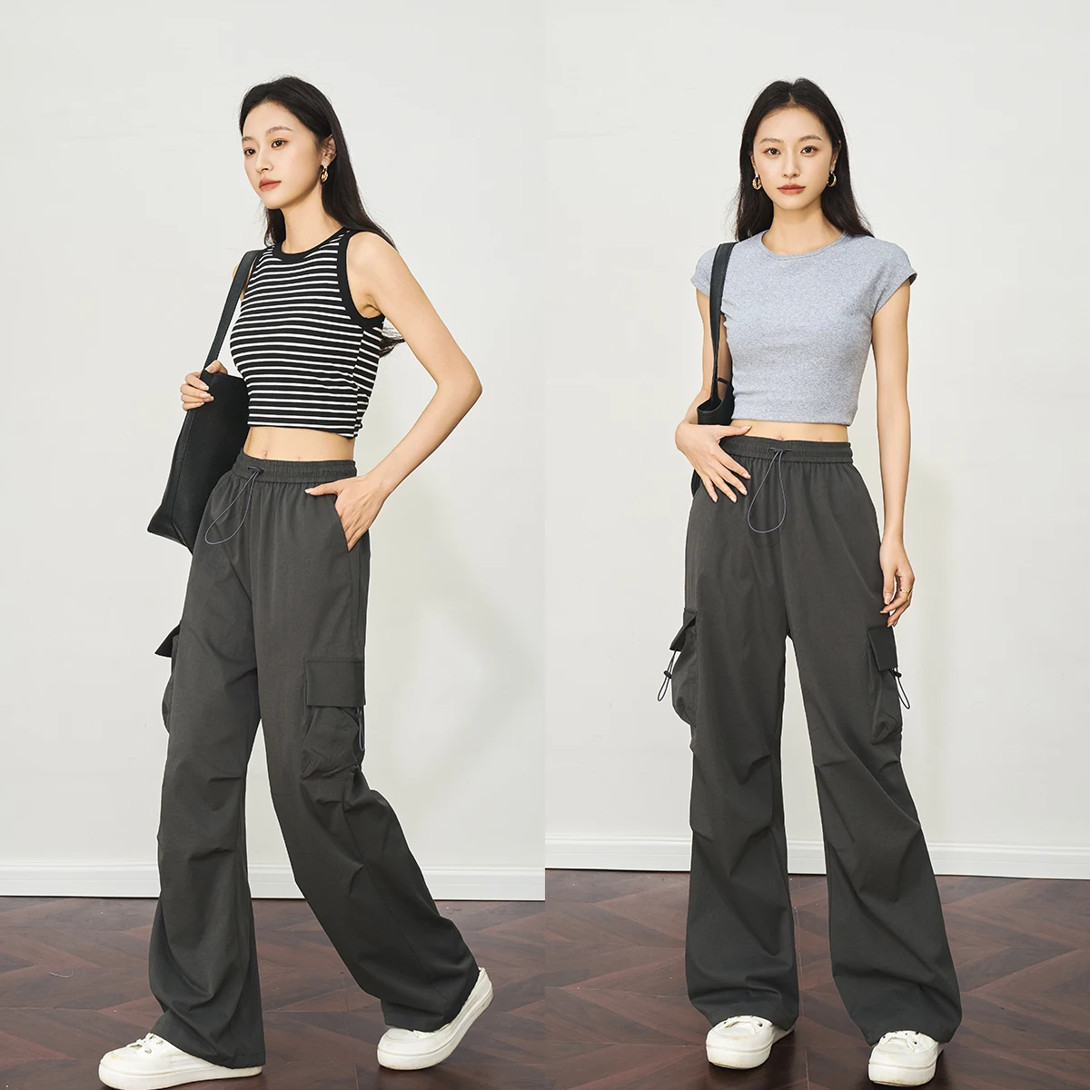 OLrain Women Gray Pants Casual Summer 2025 Safari Style Wide-leg Draw String Pants Pocket High-waisted Lady Trousers O57XK98662